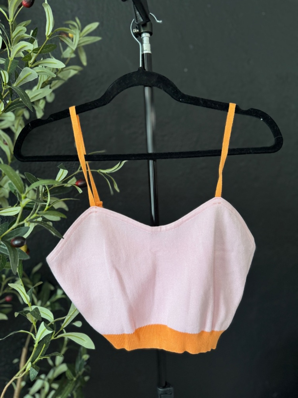 Pink Knit Crop Top with Orange Trim and Straps